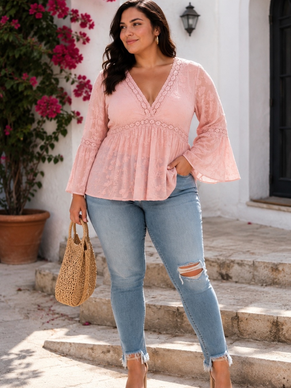 Torrid Light Pink Lace Babydoll Top 2X NWT Bell Sleeve Boho Blouse Plus - Picture 1 of 6